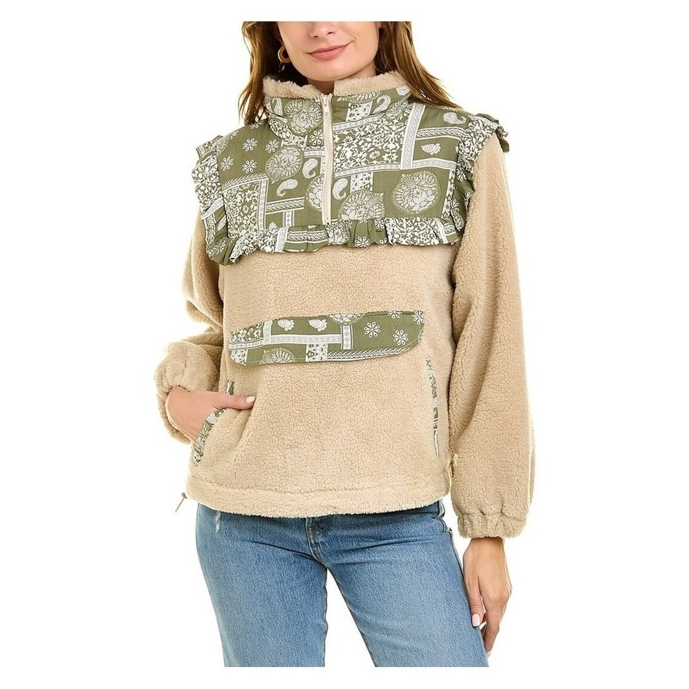 Lea & Viola Ruffle Teddy Jacket in Beige/Olive Paisley, Women's Size Small, NWT
